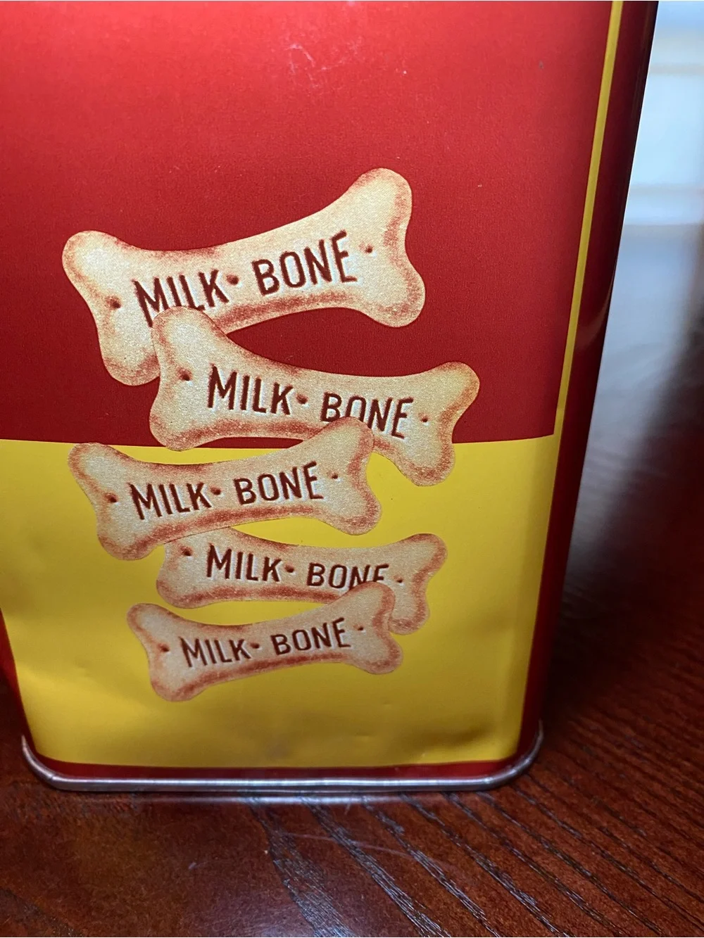 Vintage Red and Yellow Milk-Bone Dog Biscuits Tin Can 9x6x5